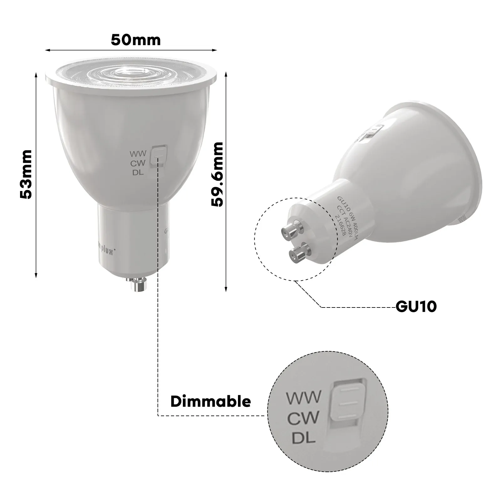 10Pack 6W LED GU10 Bulb 400LM TRI-COLOR 3000K-4000K-5000K