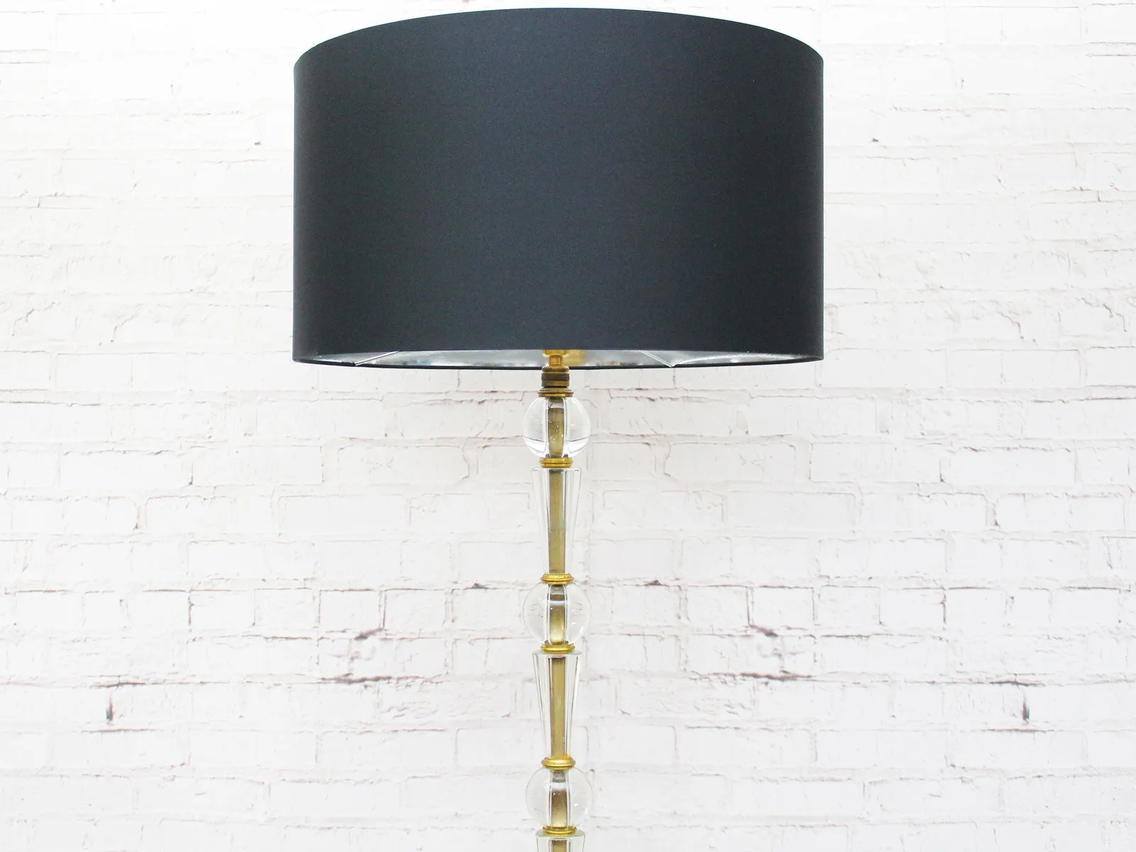 1950's French Glass and Brass Floor Light with Black Shade