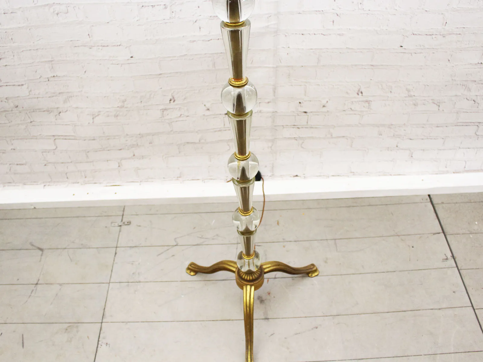 1950's French Glass and Brass Floor Light with Black Shade