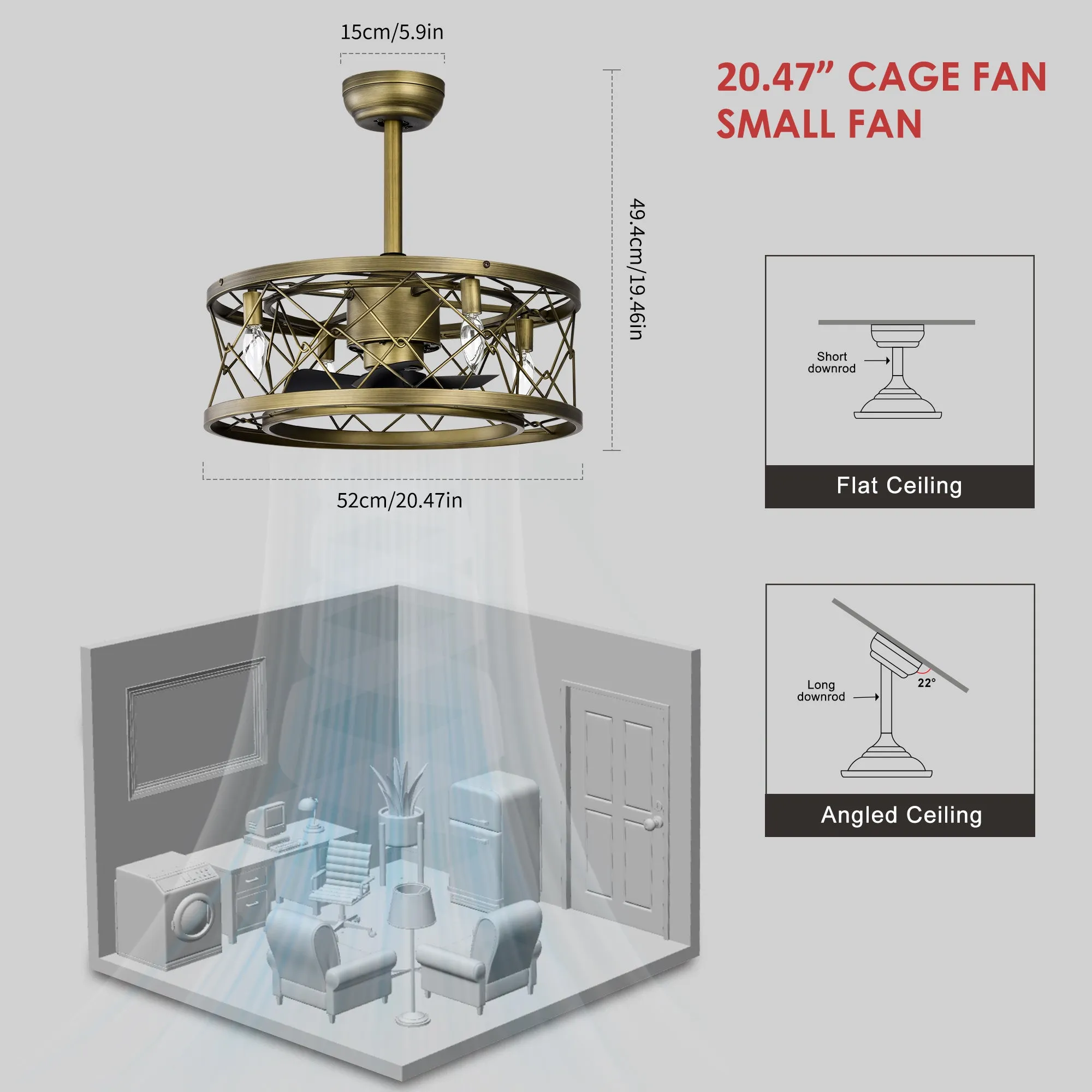 20" Cage Ceiling Fan Light Modern Style Bladeless Ceiling Fan Reversible 3-speed Silent Ceiling Fan, 1H/2H/4H Timer