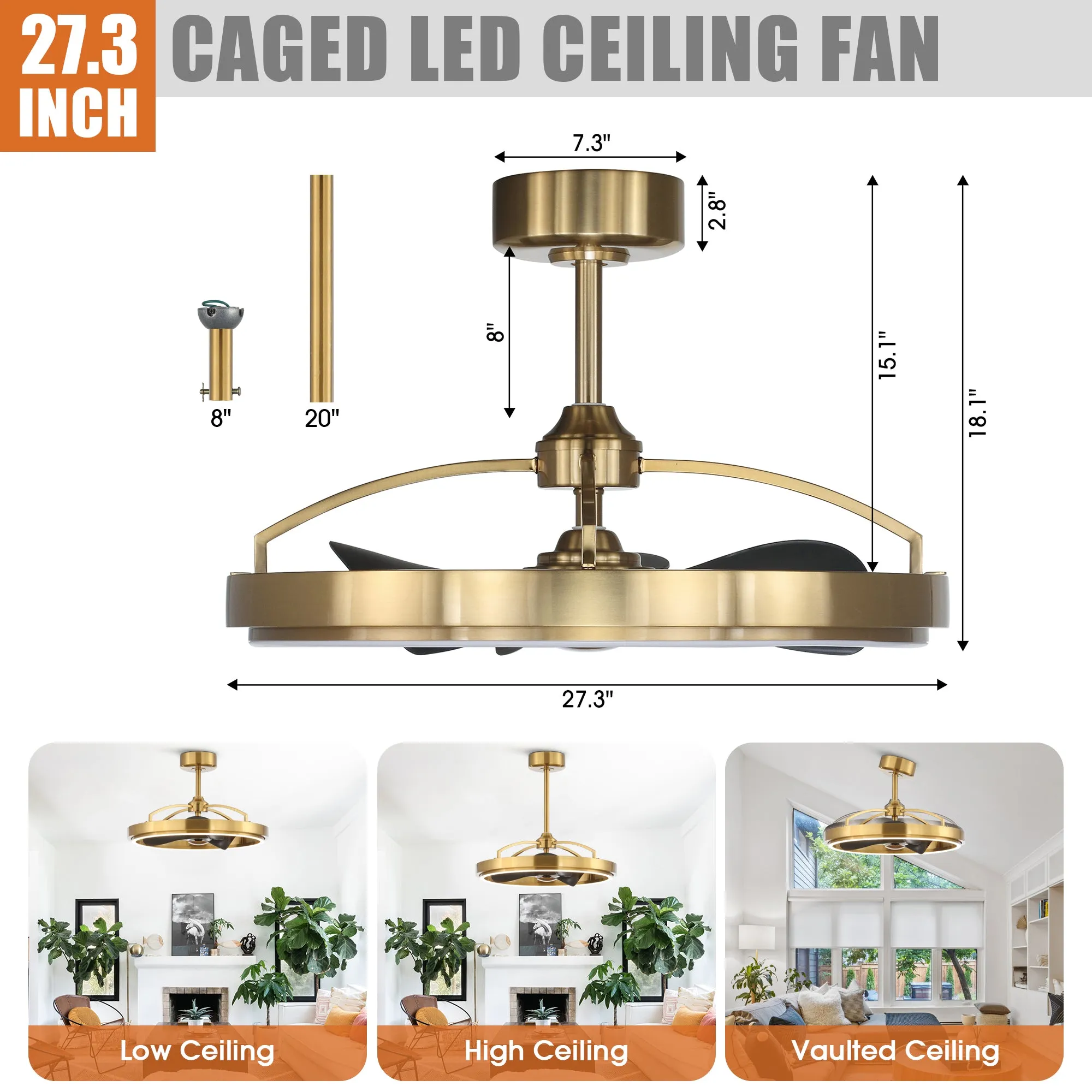 27" Arthur Industrial DC Motor Downrod Mount Ceiling Fan with Lighting and Remote Control