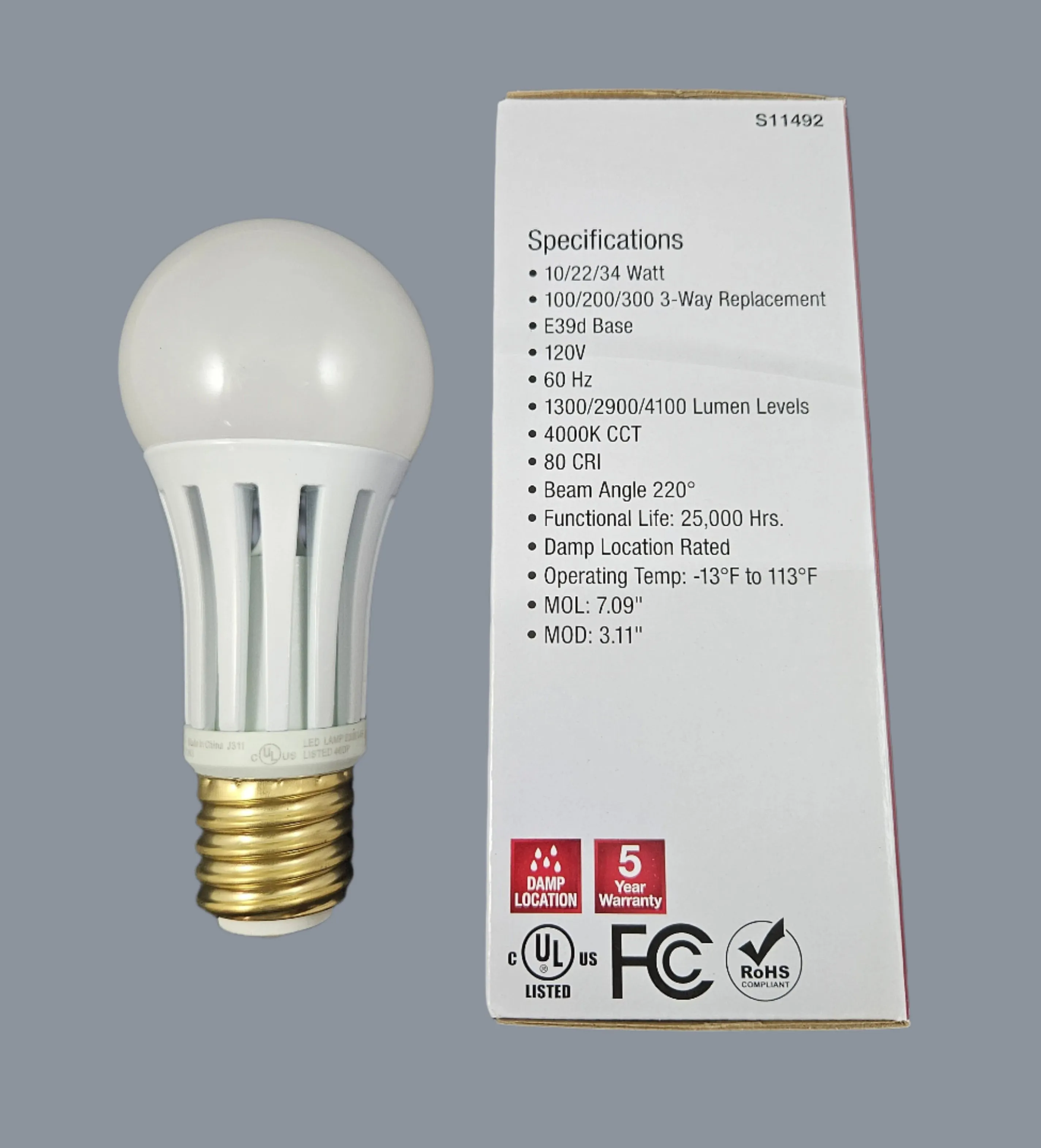 3-way 100/200/300W Mogul Base LED Light Bulb