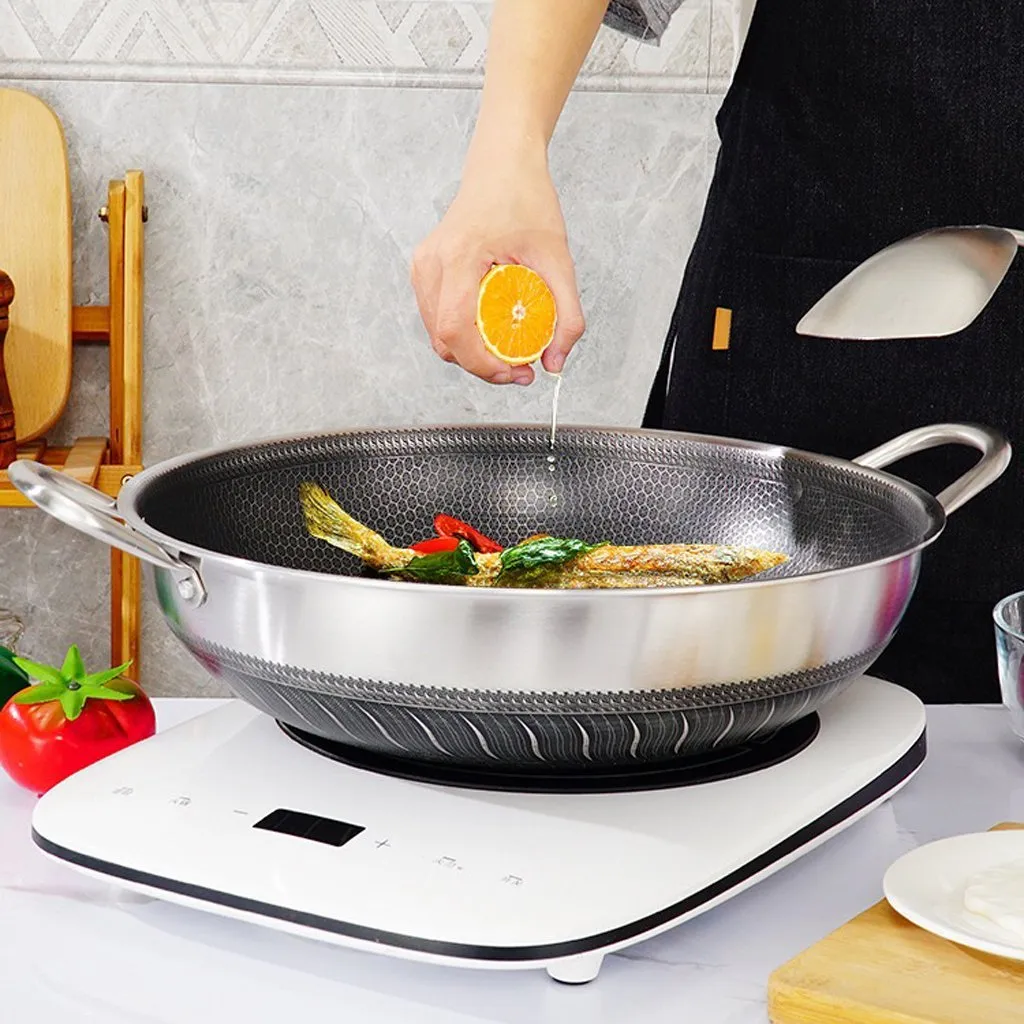 316 Stainless Steel 38cm Non-Stick Stir Fry Cooking Kitchen Wok Pan Honeycomb Double Sided