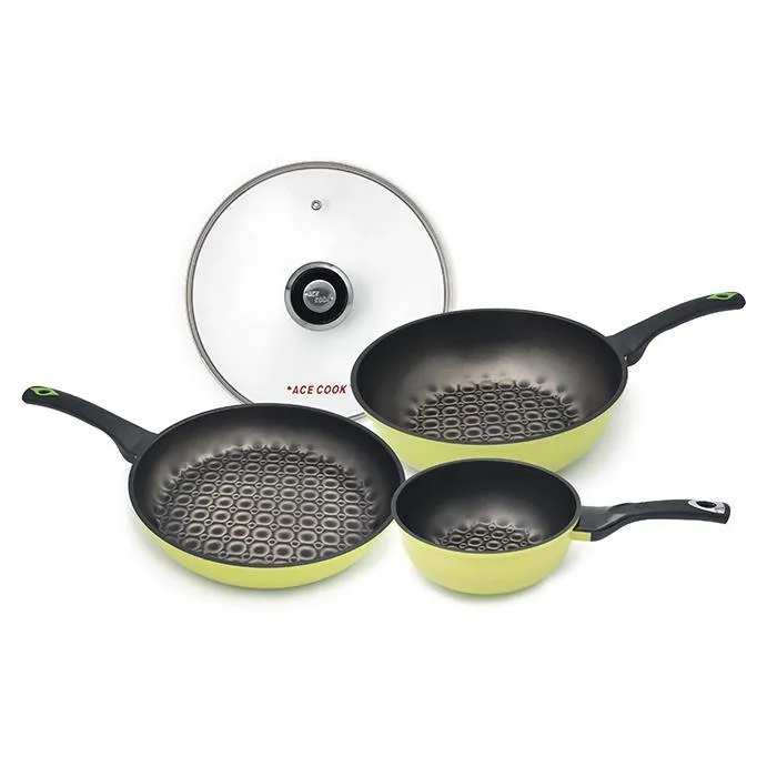 3D Coating Green Frying Pan, Woks & Lid 4 PCS Set