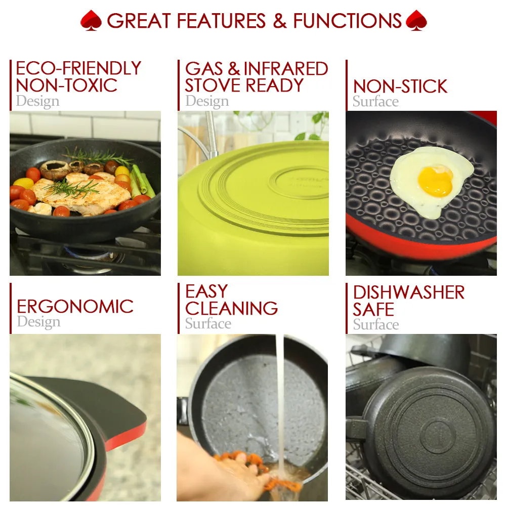 3D Coating Green Frying Pan, Woks & Lid 4 PCS Set