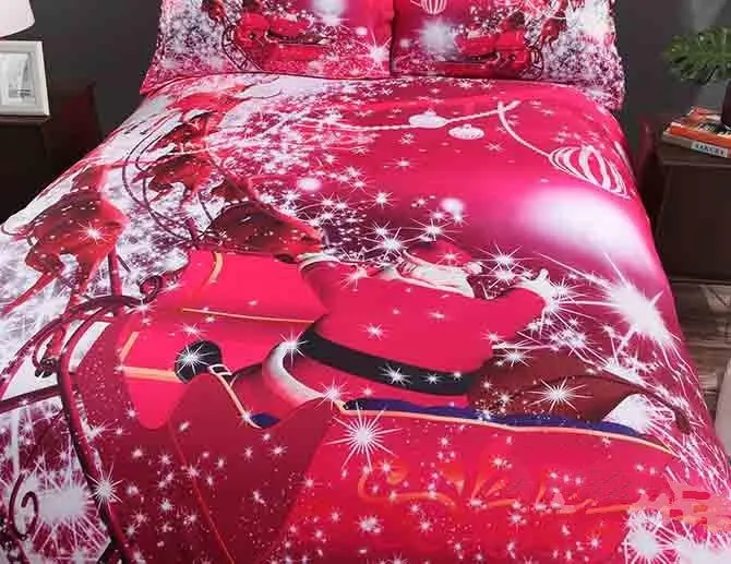 3D Santa Claus Riding Sleigh Printed Luxury 4-Piece Red Bedding Sets/Duvet Covers