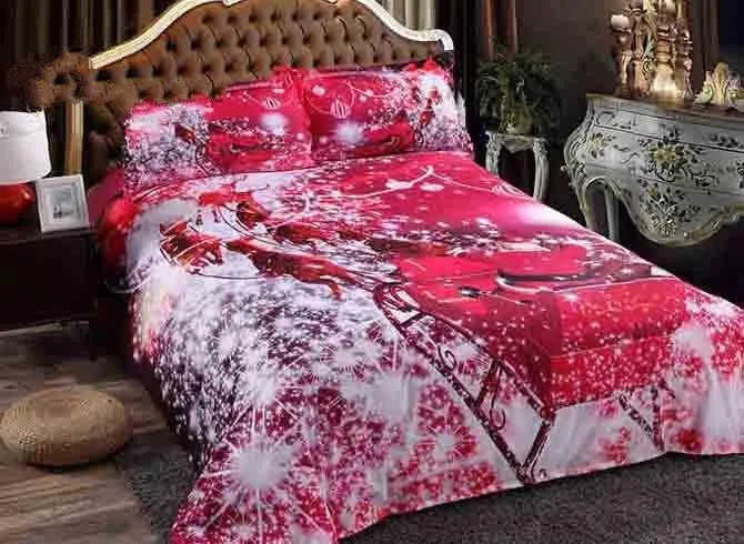 3D Santa Claus Riding Sleigh Printed Luxury 4-Piece Red Bedding Sets/Duvet Covers