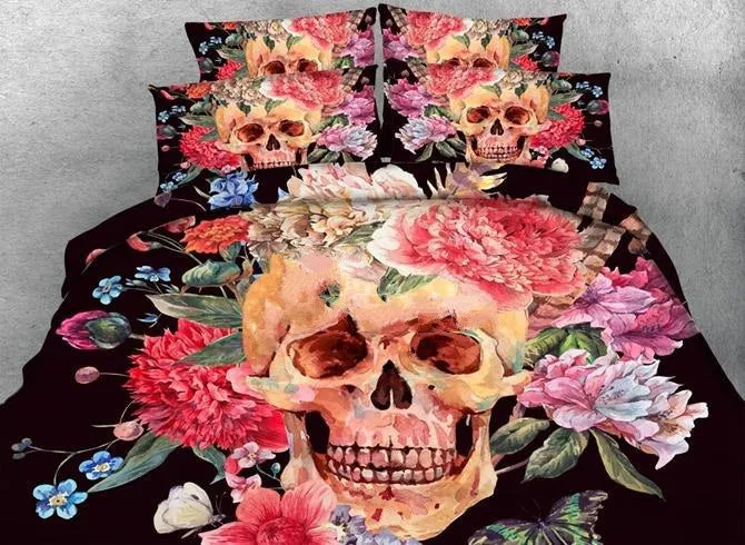 3D Sugar Skull with Blooming Flowers Printed Cotton Luxury 4-Piece Black Halloween Bedding Sets/Duvet Covers