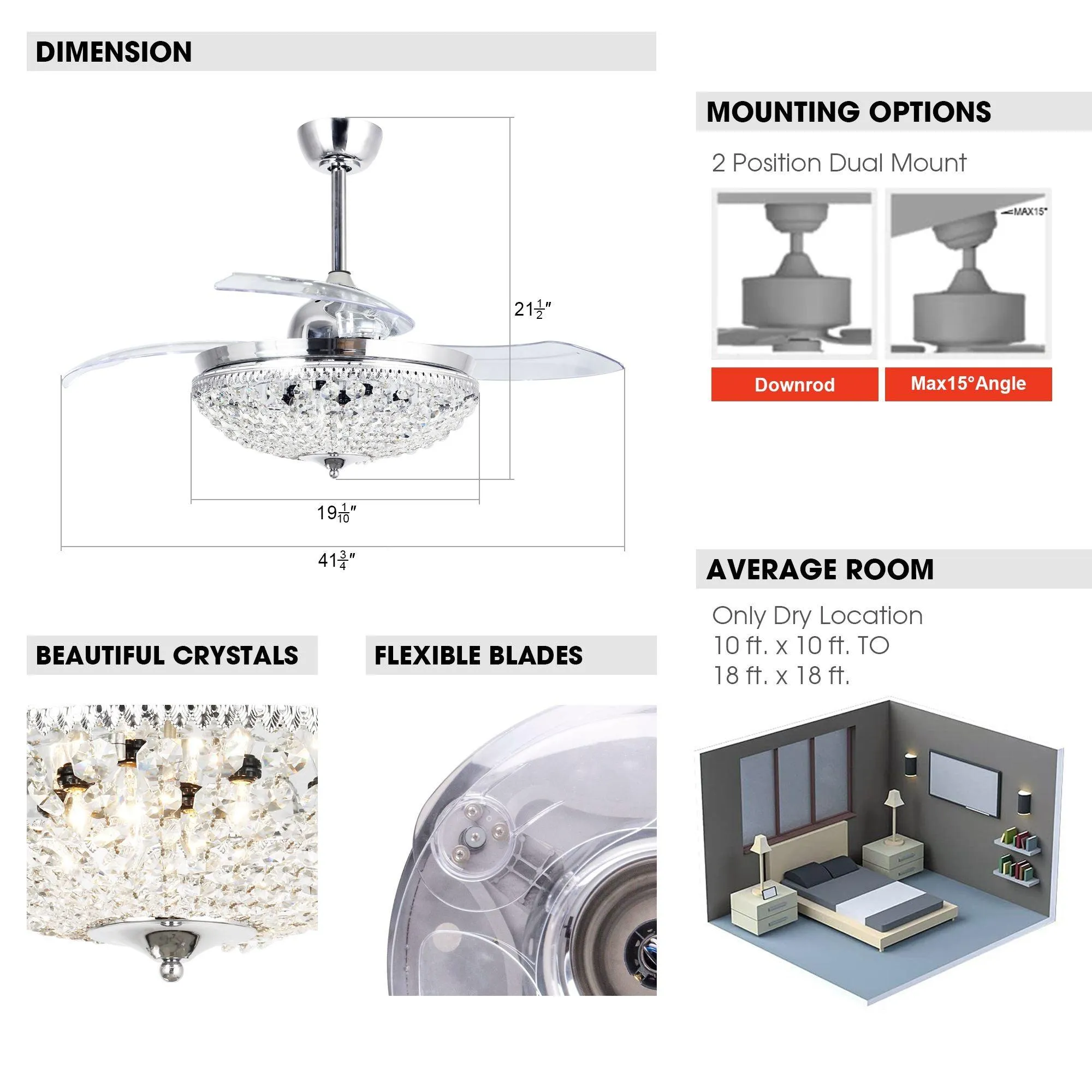 42" Servantes Modern Downrod Mount Crystal Ceiling Fan with Lighting and Remote Control