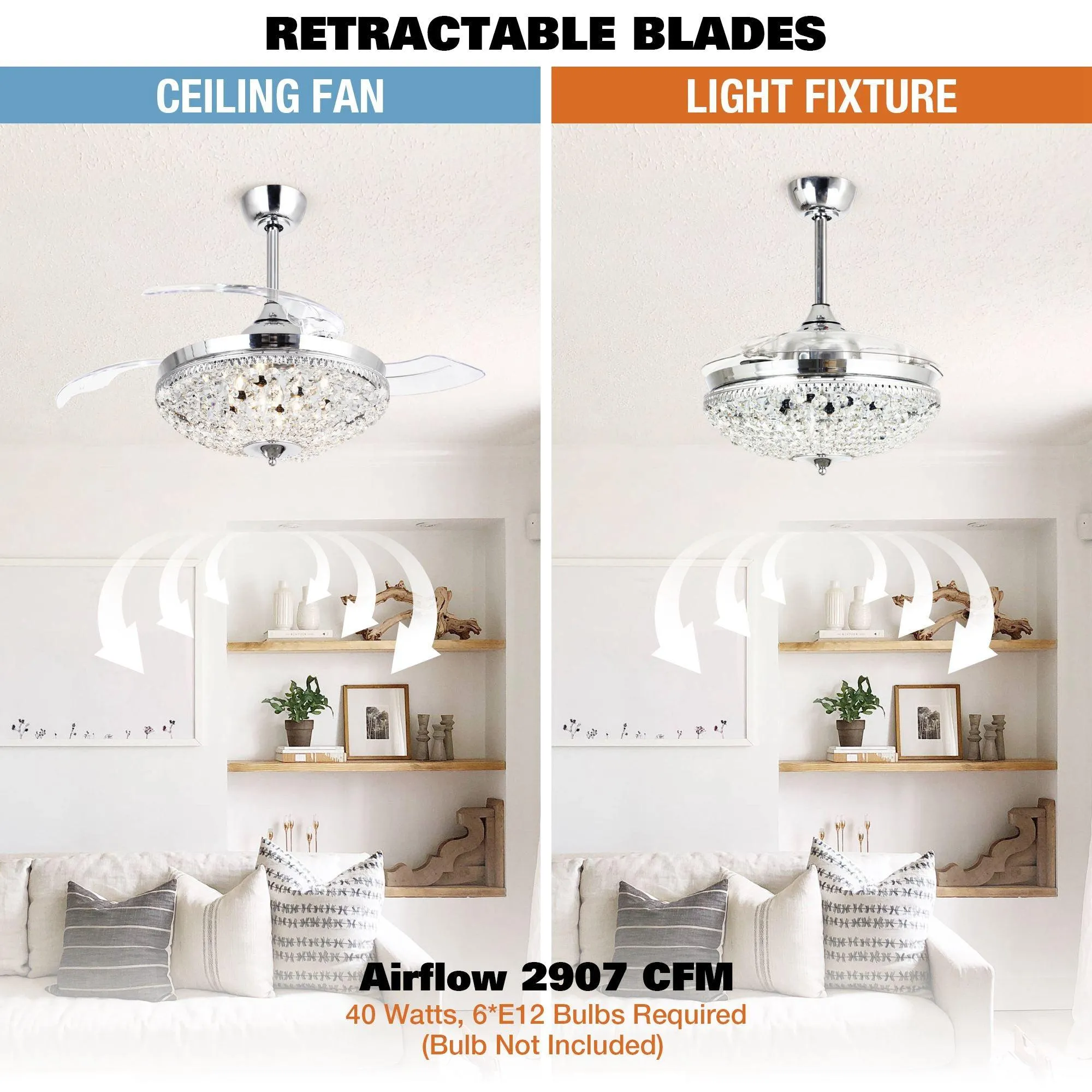 42" Servantes Modern Downrod Mount Crystal Ceiling Fan with Lighting and Remote Control