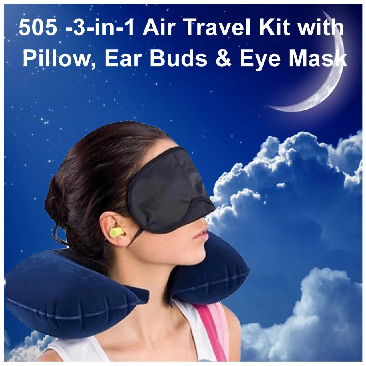 505 -3-in-1 Air Travel Kit with Pillow, Ear Buds & Eye Mask