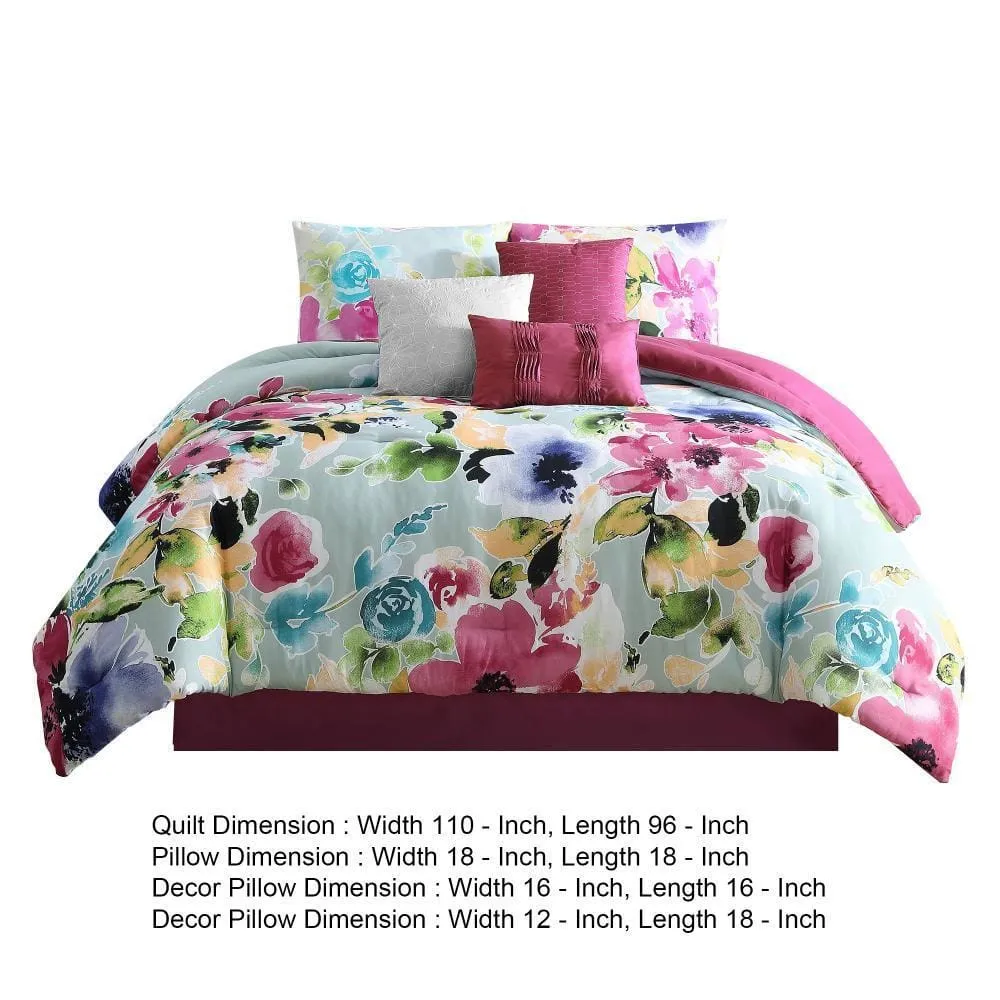 7 Piece King Comforter Set with Bright Floral Print, Multicolor By Casagear Home