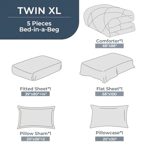 7 Pieces Full Comforter Set, All Season Reversible Bed in a Bag Full, Ultra Soft Full Bedding Set with Grey Comforter, Flat Sheet, Fitted Sheet, Pillowcases, Pillow Shams, Navy Blue & Light Grey