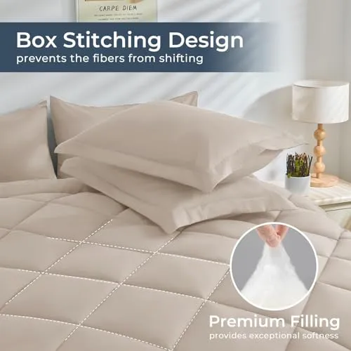 7 Pieces Full Comforter Set, All Season Reversible Bed in a Bag Full, Ultra Soft Full Bedding Set with Grey Comforter, Flat Sheet, Fitted Sheet, Pillowcases, Pillow Shams, Navy Blue & Light Grey