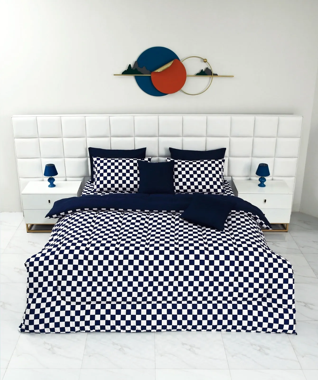 8 PCs Winter Comforter Set-Blue Chess