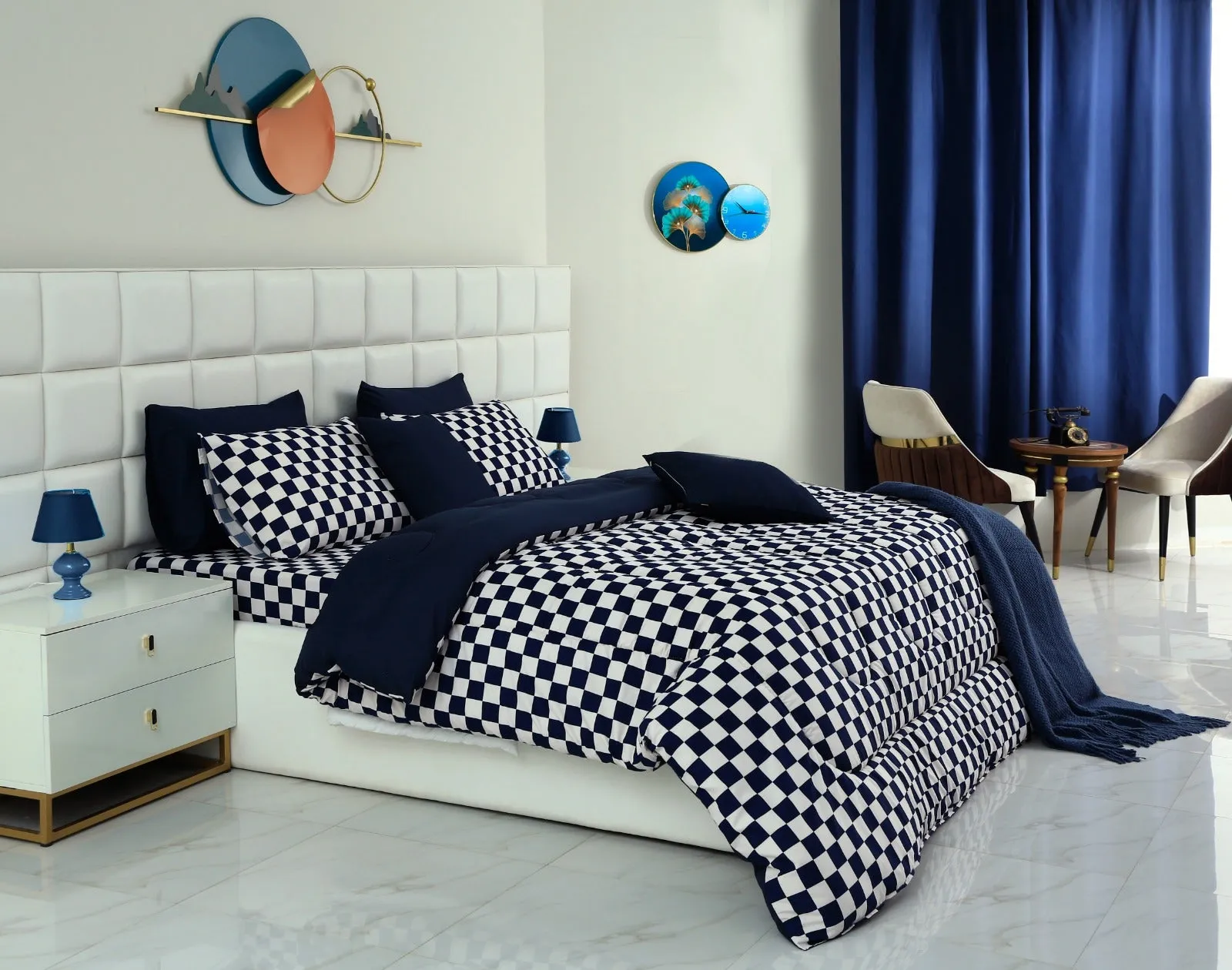 8 PCs Winter Comforter Set-Blue Chess