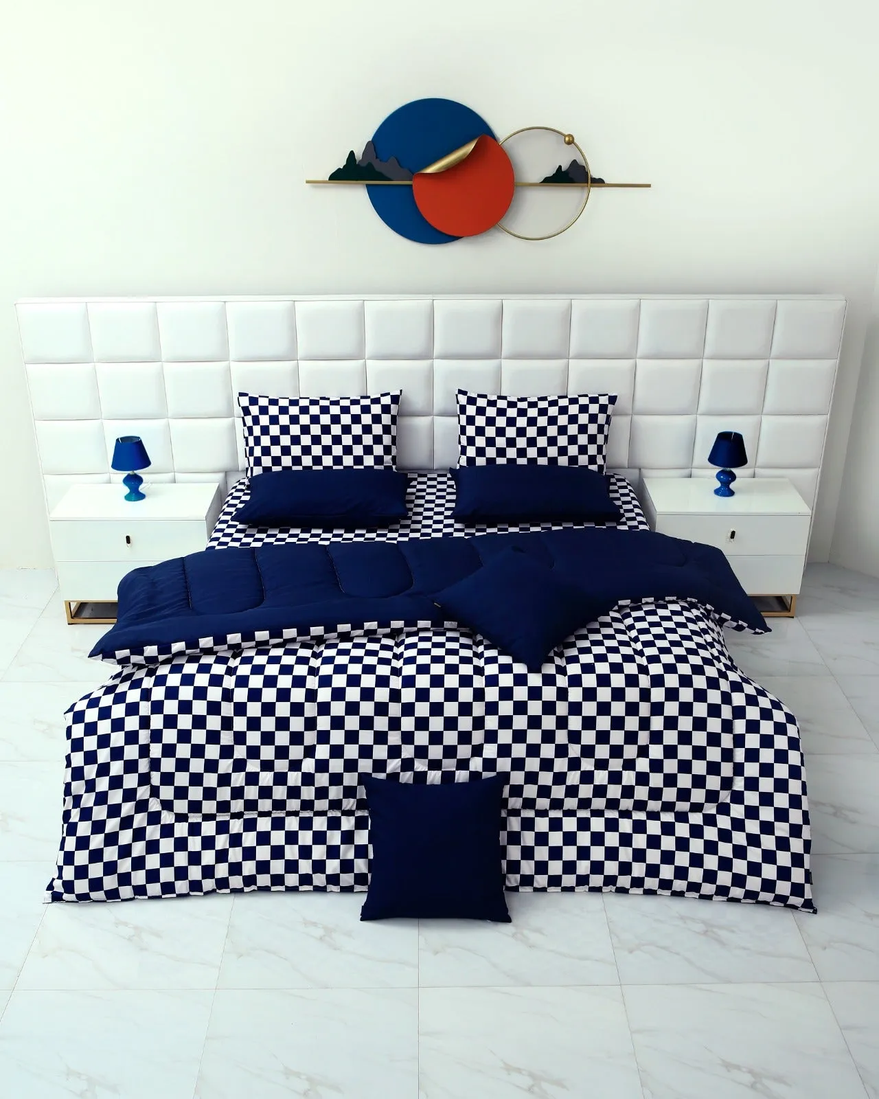 8 PCs Winter Comforter Set-Blue Chess