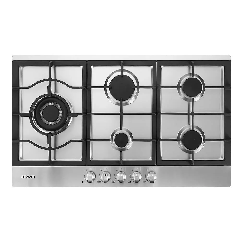 90cm Stainless Steel 5-Burner Gas Cooktop | Devanti