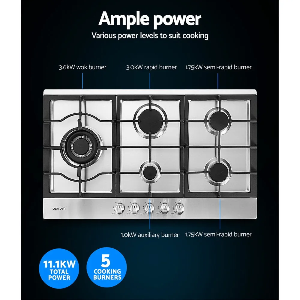 90cm Stainless Steel 5-Burner Gas Cooktop | Devanti