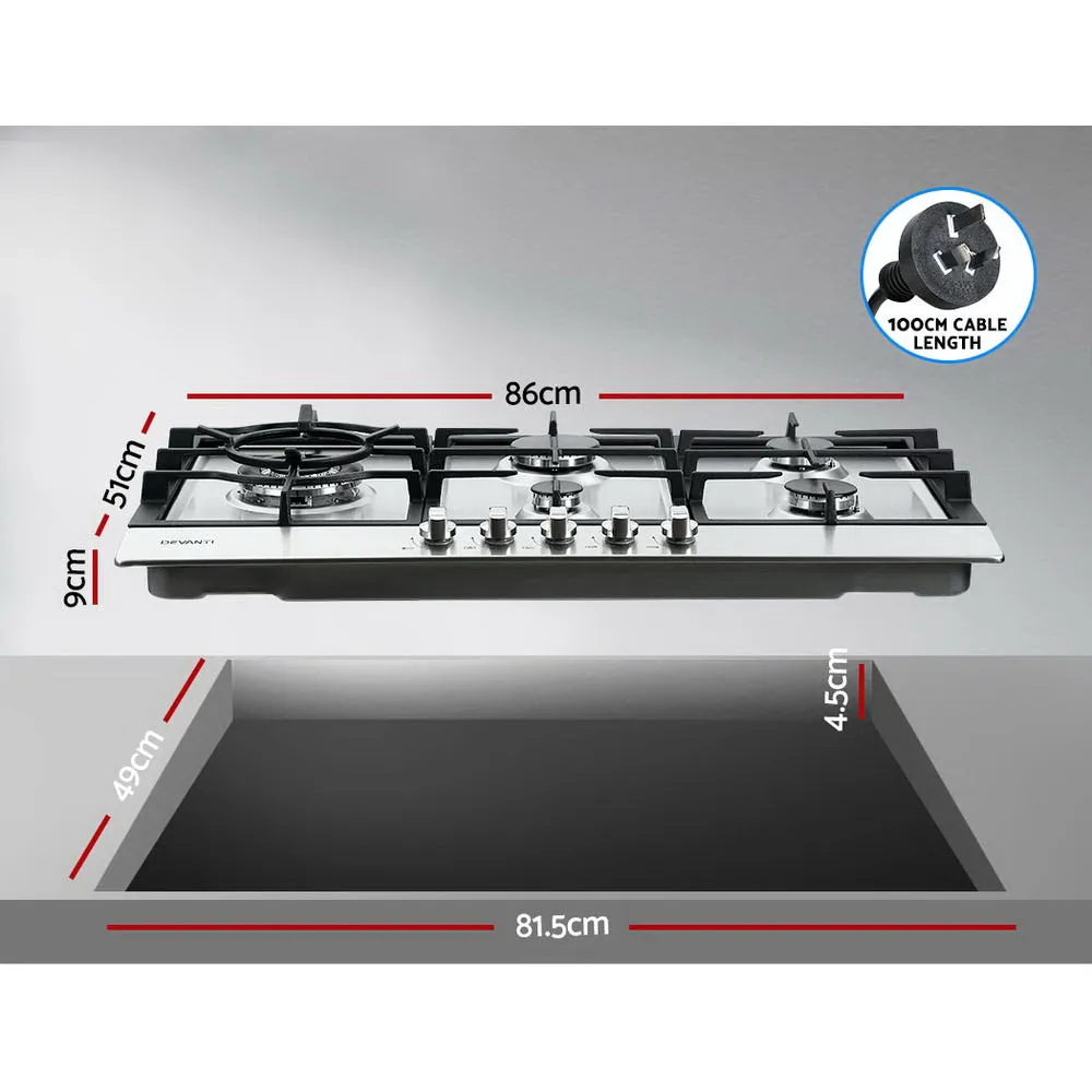 90cm Stainless Steel 5-Burner Gas Cooktop | Devanti