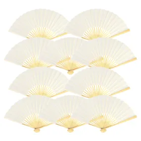 9" White Silk Hand Fans for Weddings (10 Pack)