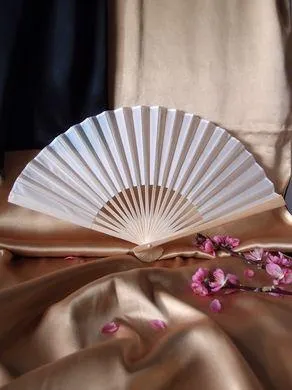 9" White Silk Hand Fans for Weddings (10 Pack)