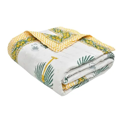 AARMOZY Cotton Jaipuri Razai Single Bed Hand Block Floral Buta Bail Print Quilt Blanket - PURPAL/Green (Single Bed B)