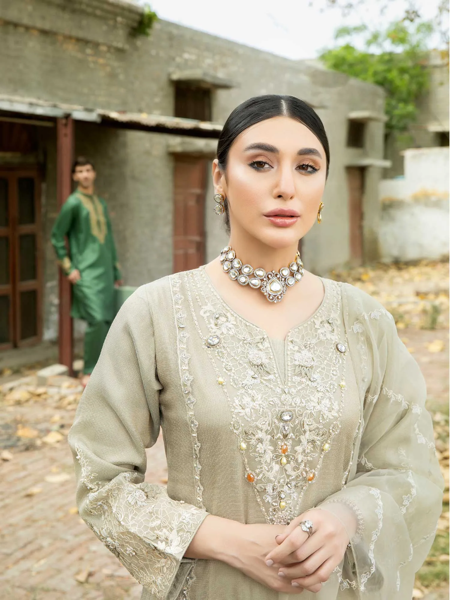 Ally's "Aghaz E Safar" Beige Zari Net Festive 3-Piece Suit (AL-3532)