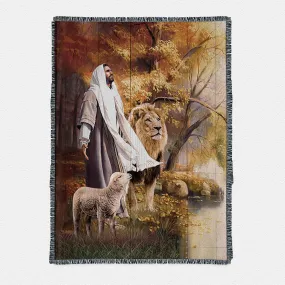 Animal Of God Stunning Lion White Lamb Autumn Forest Woven Throw Boho Blanket - Christian Woven Throw Blanket Prints