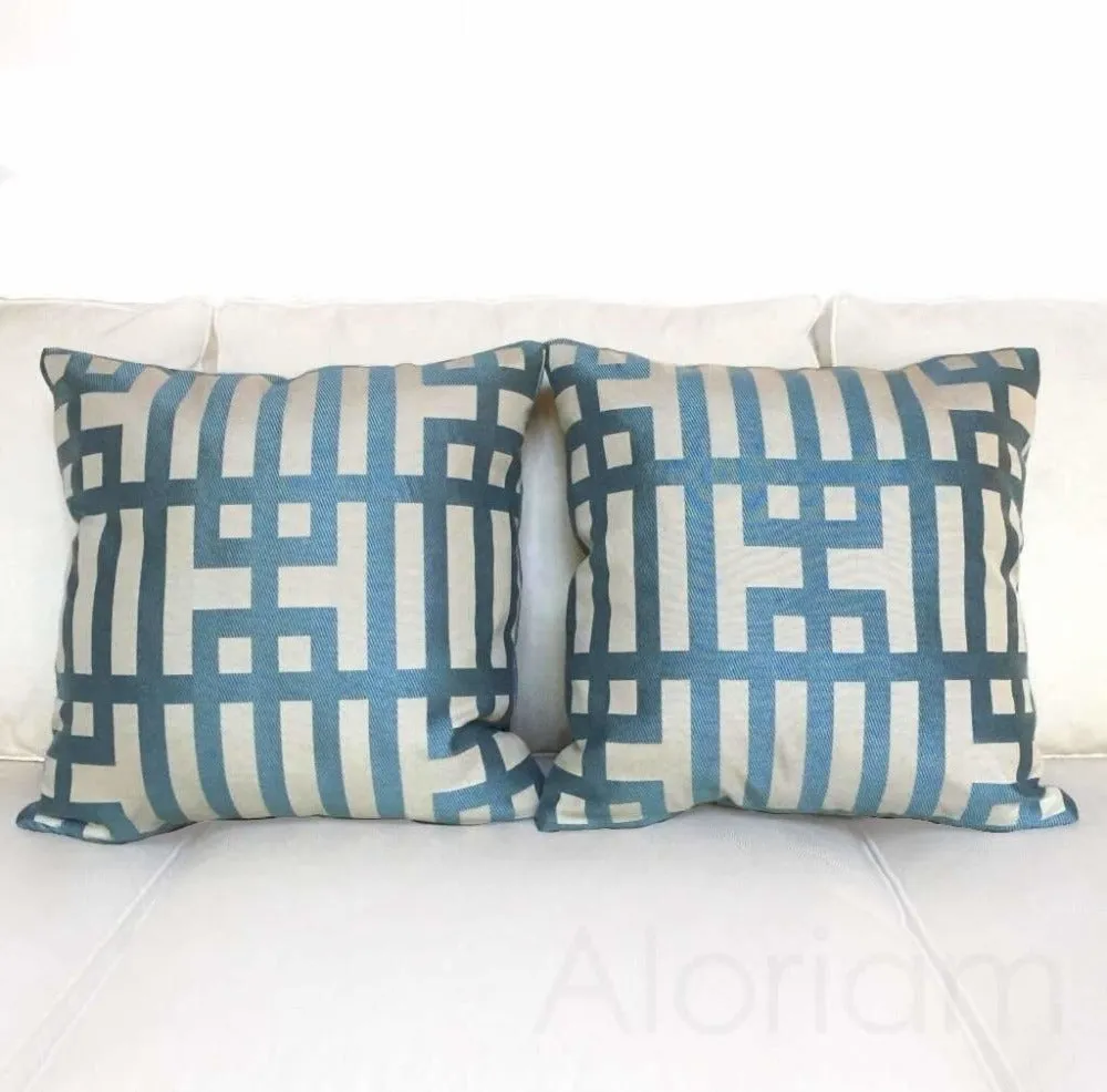 Art Deco Geometric Aqua Blue Jacquard Pillow Cover