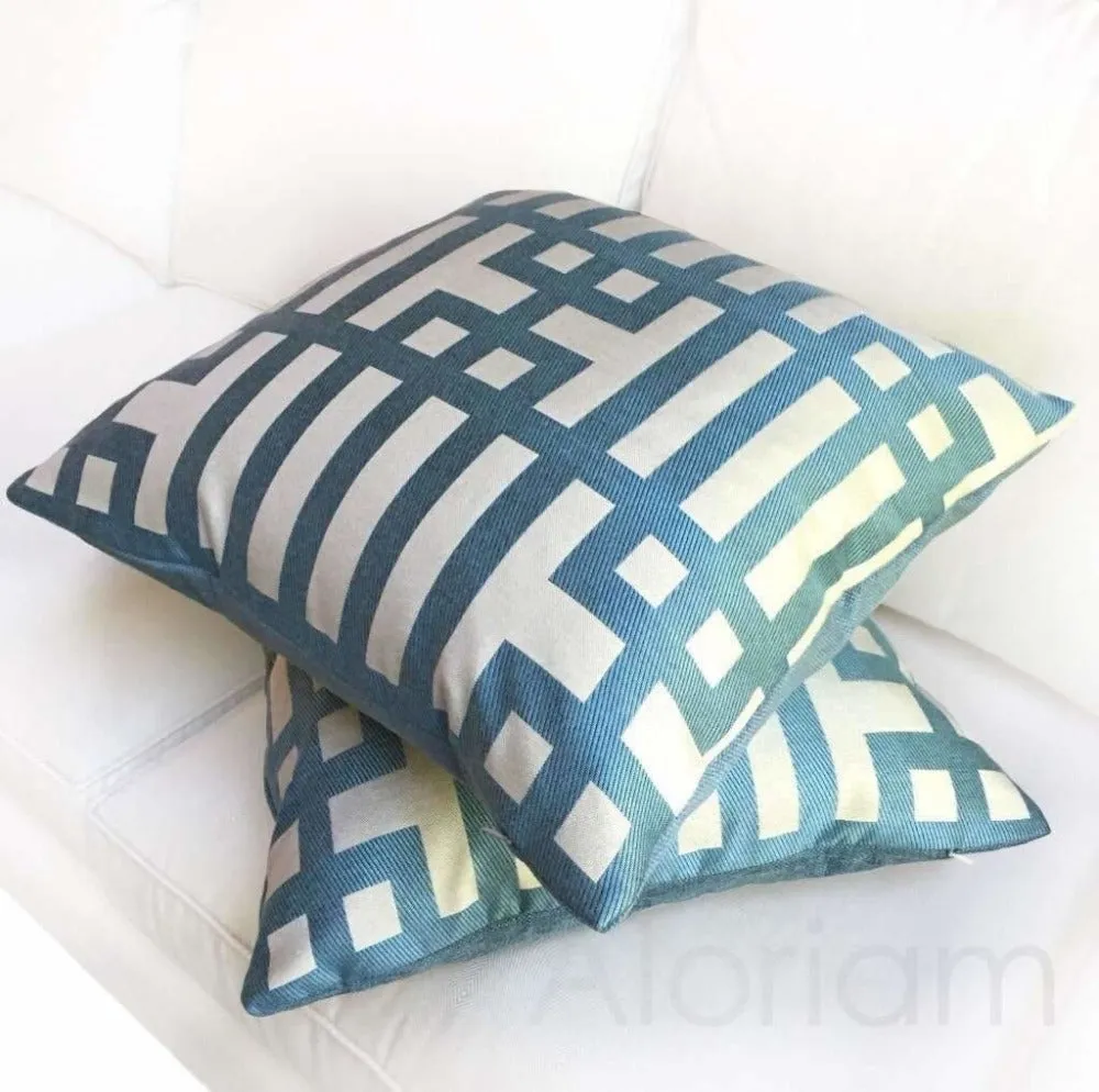 Art Deco Geometric Aqua Blue Jacquard Pillow Cover