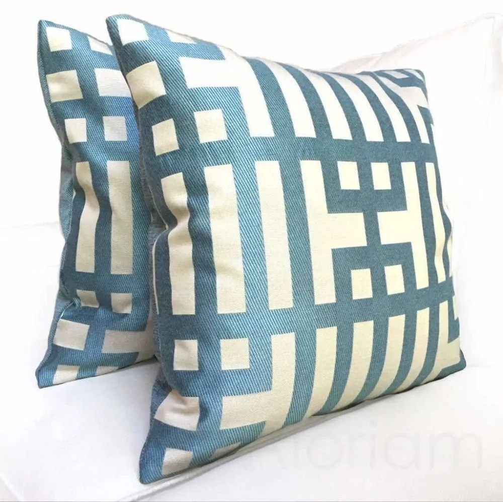 Art Deco Geometric Aqua Blue Jacquard Pillow Cover