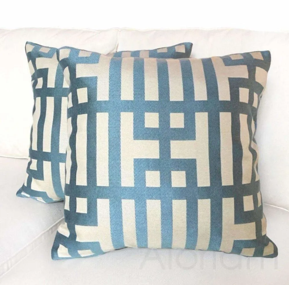 Art Deco Geometric Aqua Blue Jacquard Pillow Cover