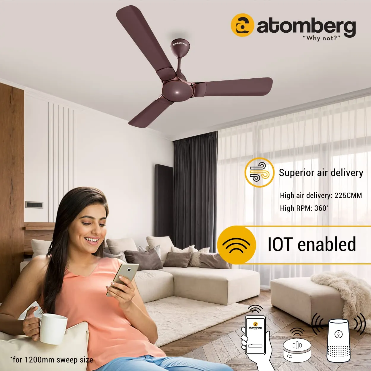 atomberg Erica Smart 1200mm BLDC Motor 5 Star Rated Ceiling Fan with IoT and Remote | Designe Smart Fan with LED Indicator