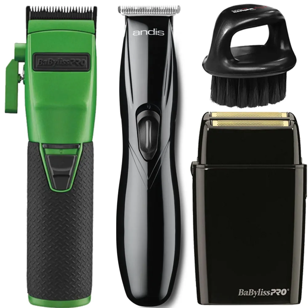 BaByliss Pro FX870GI BOOST  Influencer Collection Cordless Clipper - Green   Andis T-blade Trimmer   BaByliss PRO Double Foil Shaver & Brush