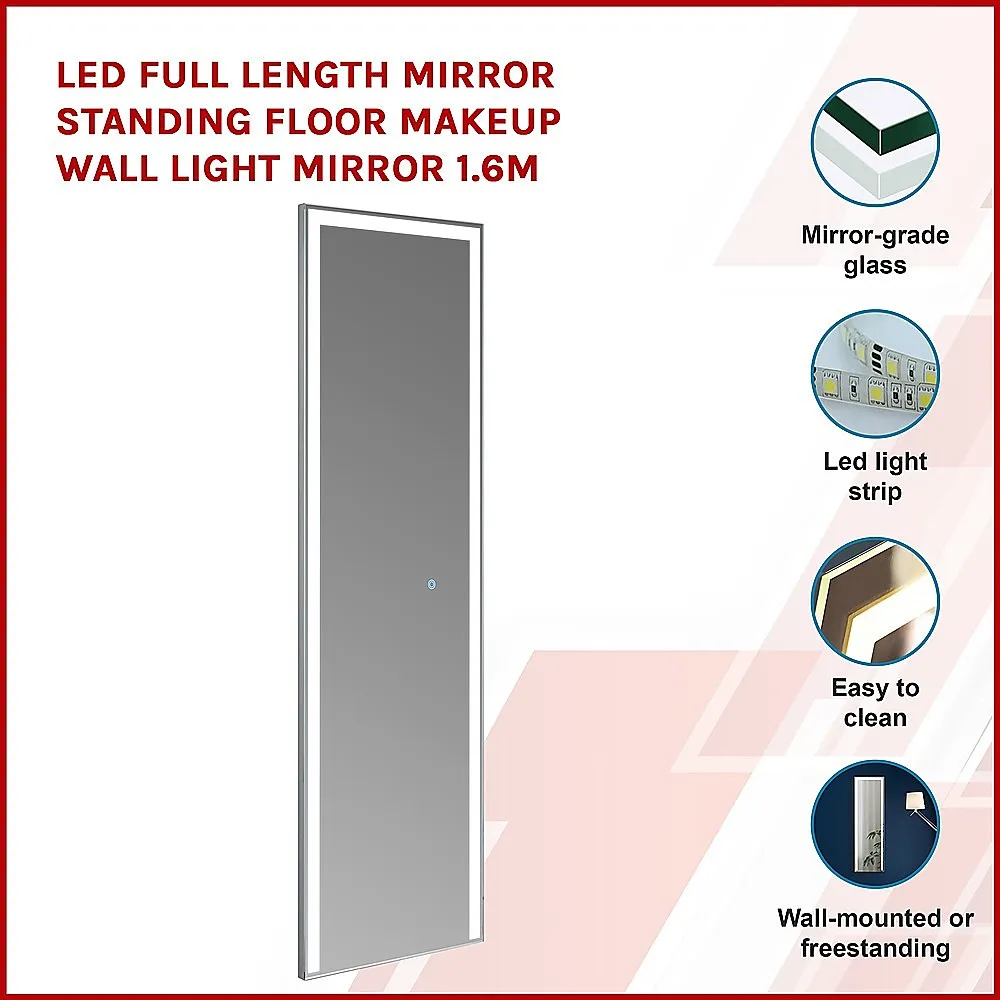 Backlit LED Full-Length Mirror, Wall/Floor Standing, 1.6M