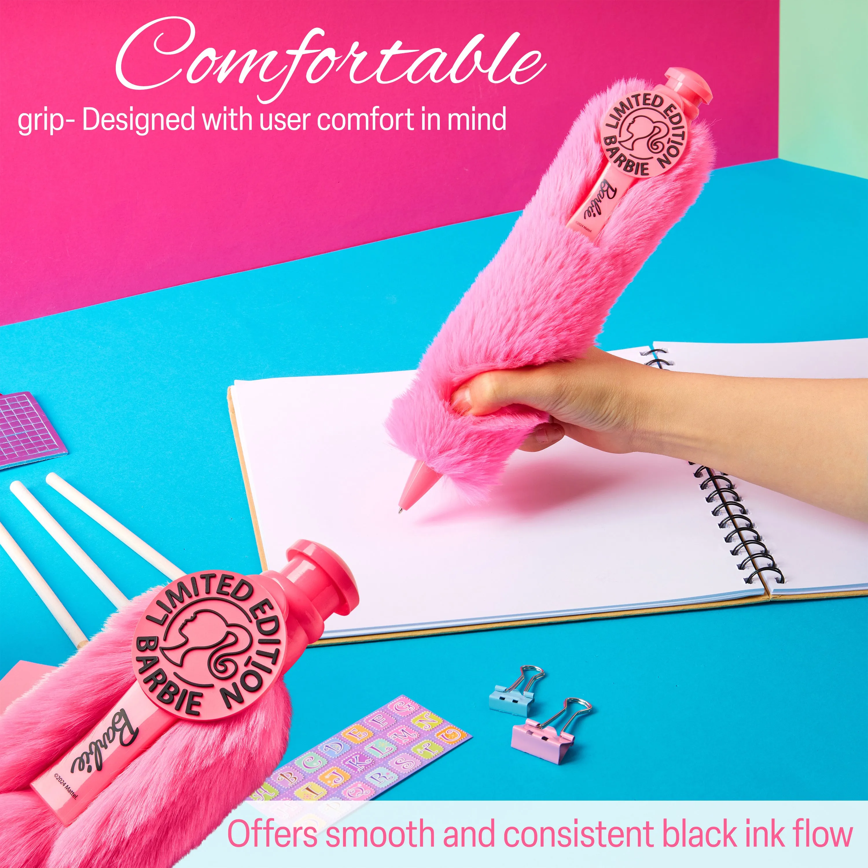 Barbie Retractable Ballpoint Pen Black Ink, Fluffy Novelty Pen - Gifts for Her