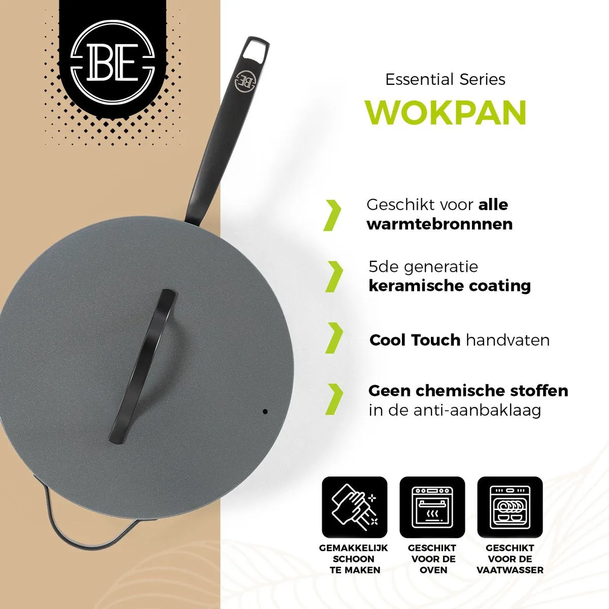 BE Living Wokpan met Deksel - Ø 30 cm - Keramische anti-aanbaklaag - PFAS vrij - Geschikt voor alle warmtebronnen - Grijs