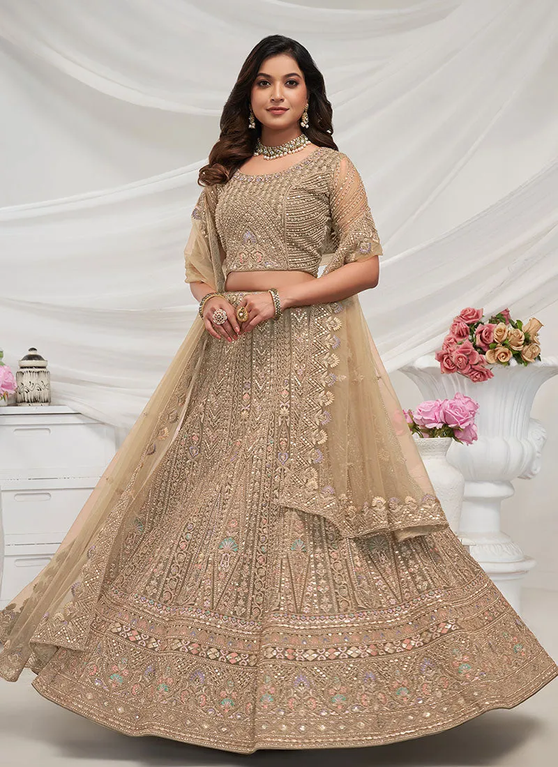 Beige Golden Multi Embroidery Lehenga Choli For Wedding