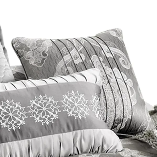 Benzara 12 Piece Queen Polyester Comforter Set with Medallion Print, Platinum Gray