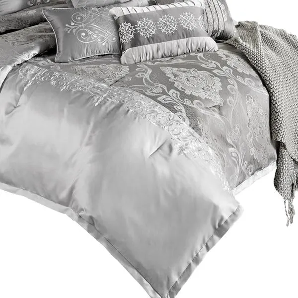 Benzara 12 Piece Queen Polyester Comforter Set with Medallion Print, Platinum Gray