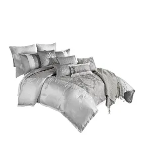 Benzara 12 Piece Queen Polyester Comforter Set with Medallion Print, Platinum Gray