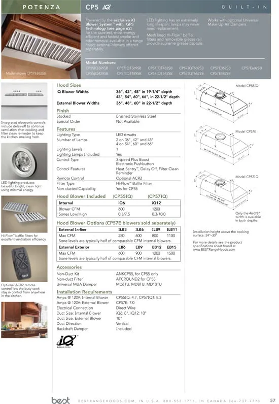 Best Range Hoods CP57IQT602SB 60" Stainless Steel Built-In Range Hood With Iq12 Blower System, 1500 Max Cfm