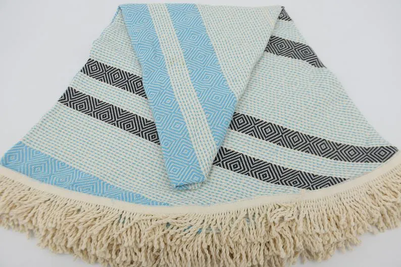 Black and Turquoise 100% Cotton Round Beach Towel