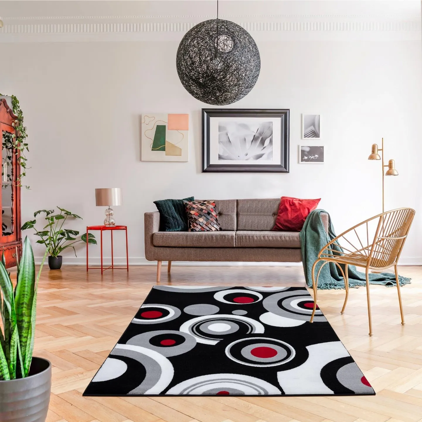 Black Geometric 3646 Circle Patterned Area Rug