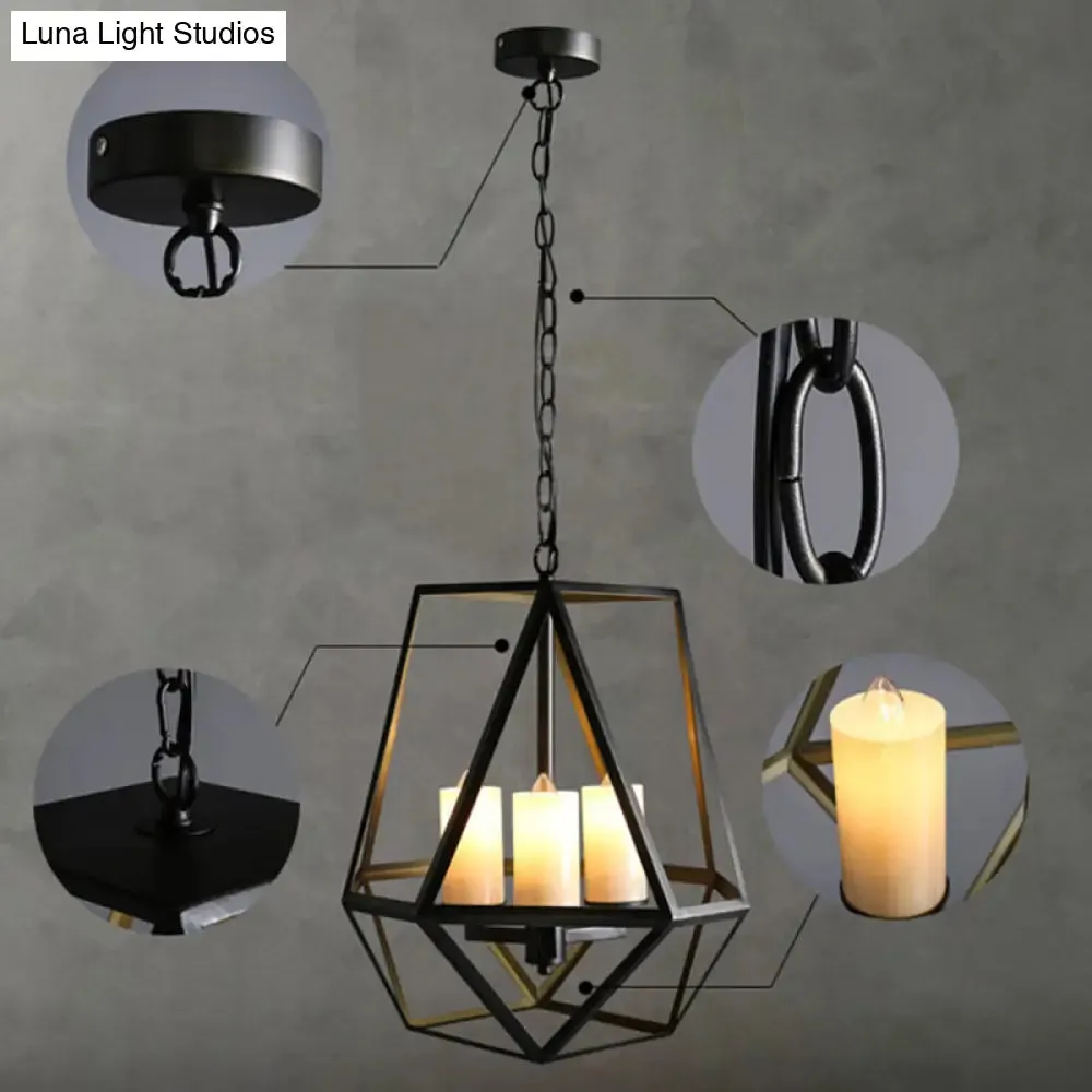 Black Metal Finish Chandelier with Caged Country Style and Faux Candles