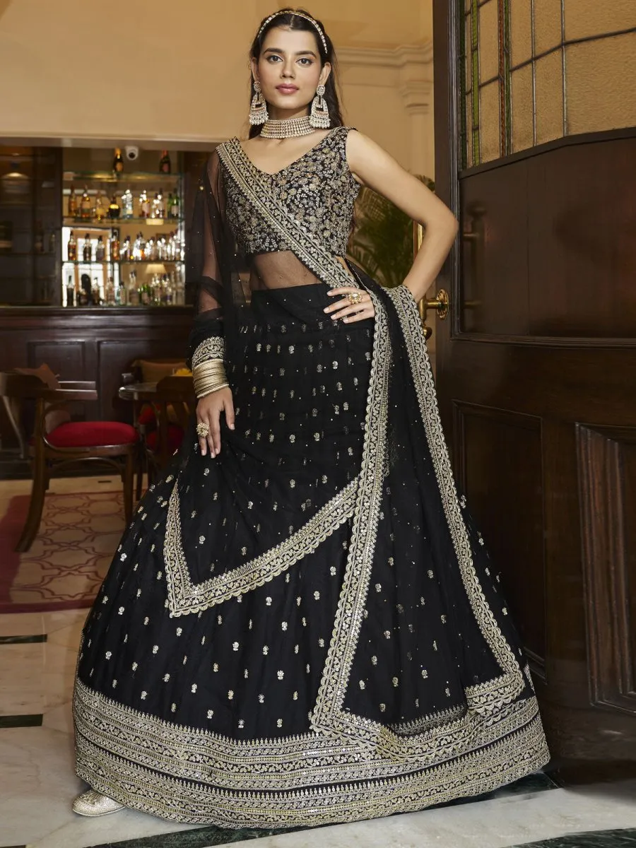 Black Net Embroidered Lehenga Choli