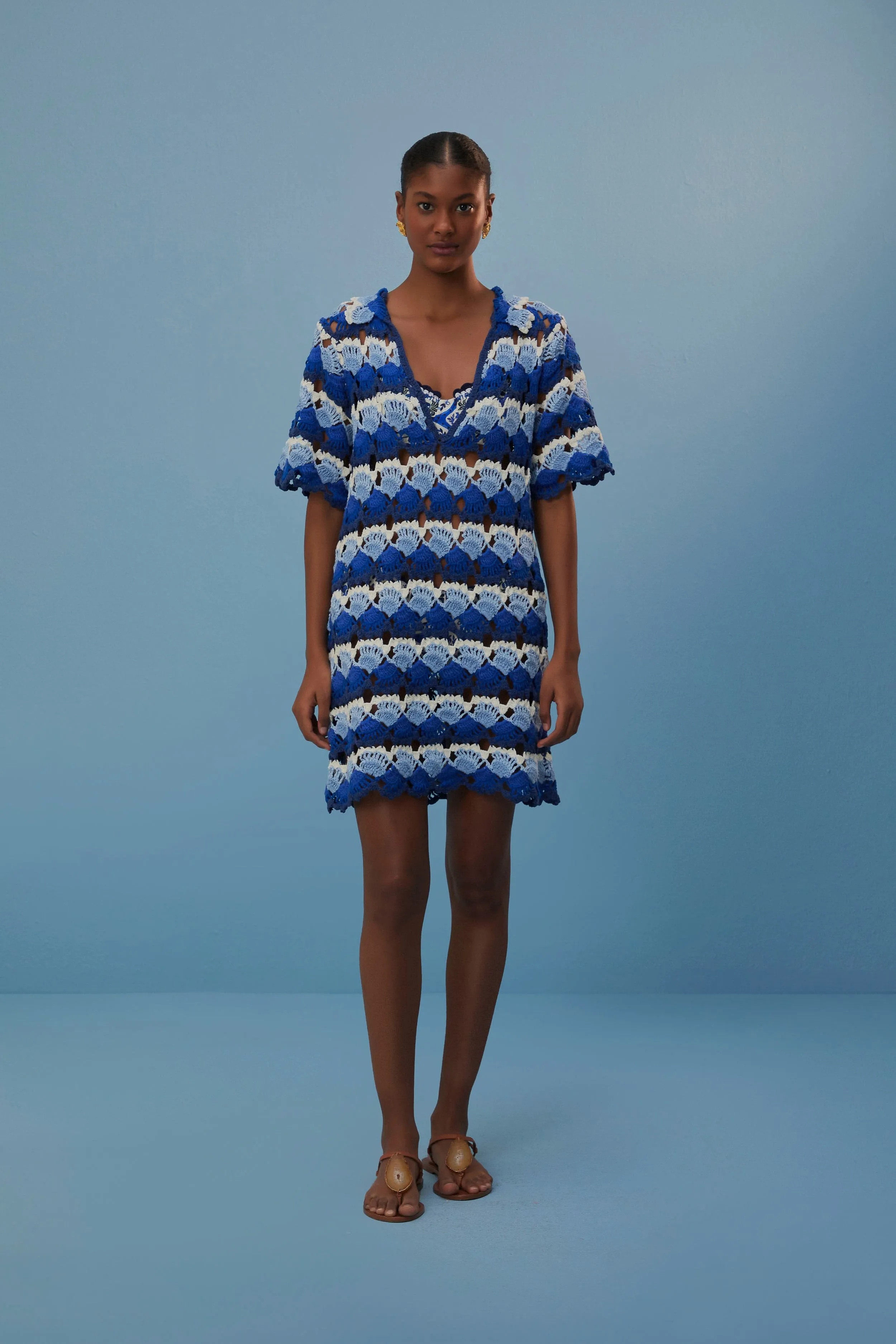 Blue Fan Stitch Crochet Dress