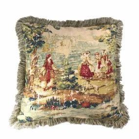 Bosporus Antique Red Old World Scenic Landscape Toile Pillow Cover with Brush Fringe Trim