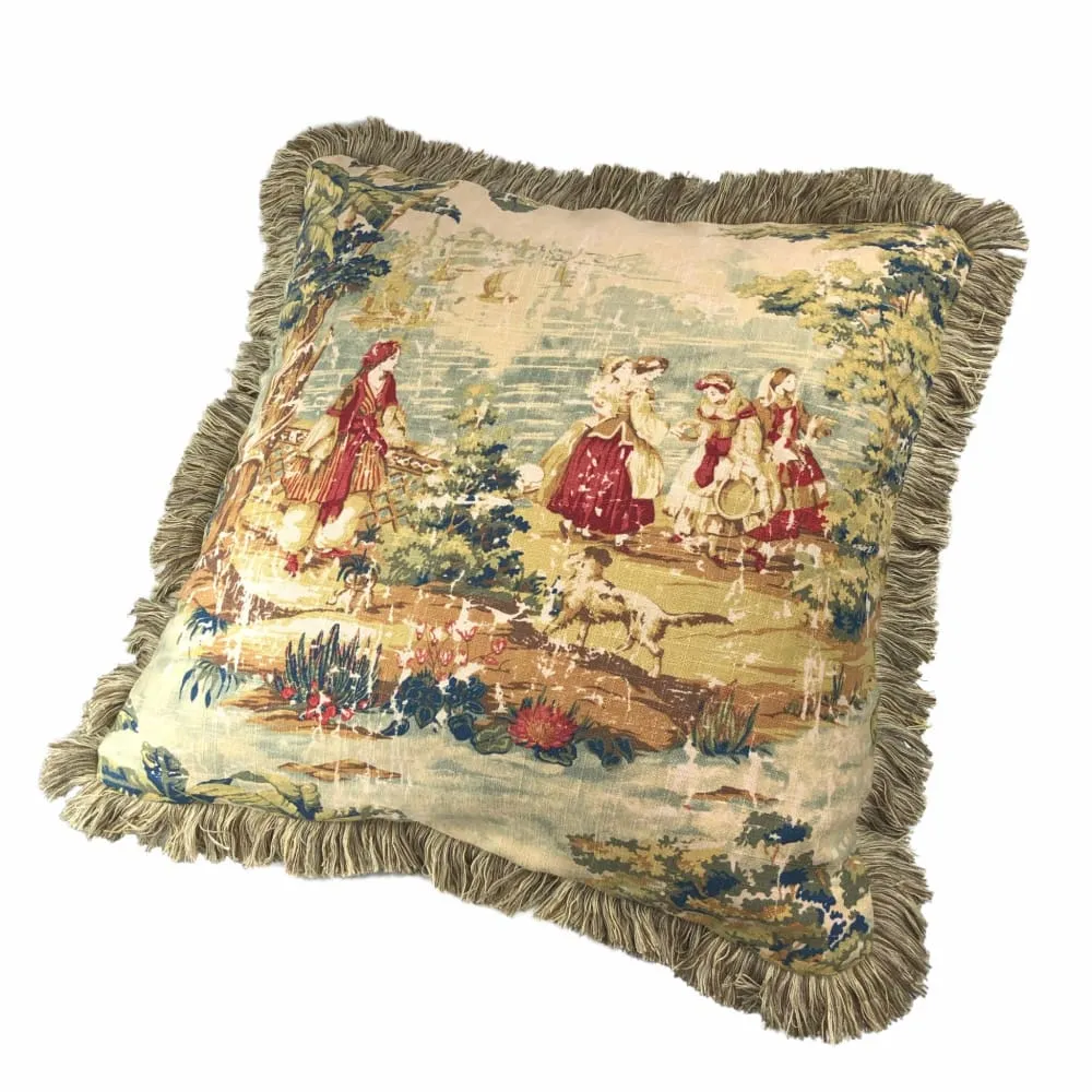 Bosporus Antique Red Old World Scenic Landscape Toile Pillow Cover with Brush Fringe Trim